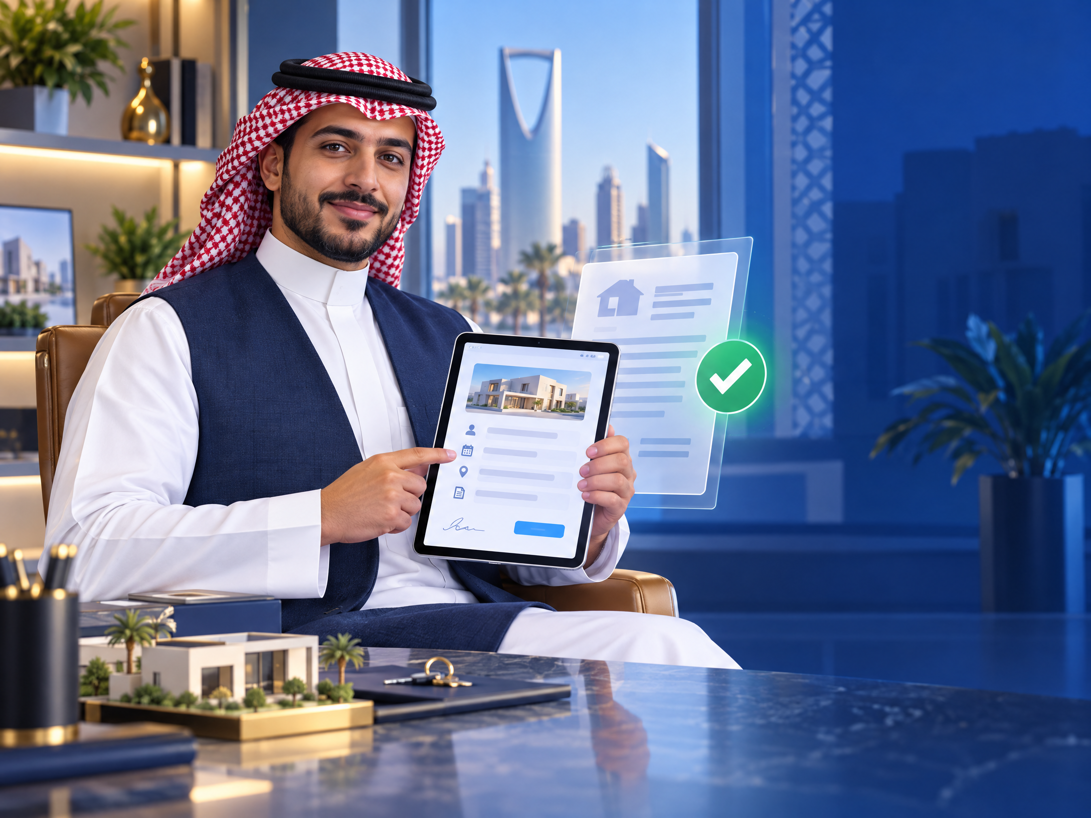 موظف عقاري سعودي يعرض عقد إيجار رقمي موثّق